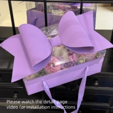 1pc Bow Decorative Gift Box Set, Suitable For Floral Packaging, With Handle & Ribbon, Plastic & Paper Material, For Wedding, Party, Birthday, Valentine's Day Gift Wrapping - Multicolor - View 3