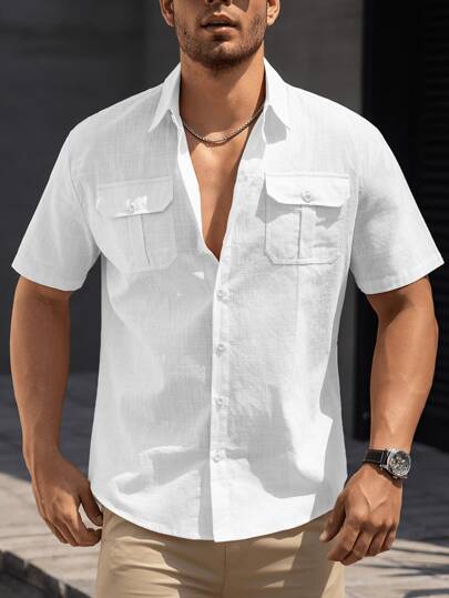 Men's Solid Color Casual Short Sleeve Shirt - Comfortable & Breathable Workwear Style Fashionable Design​