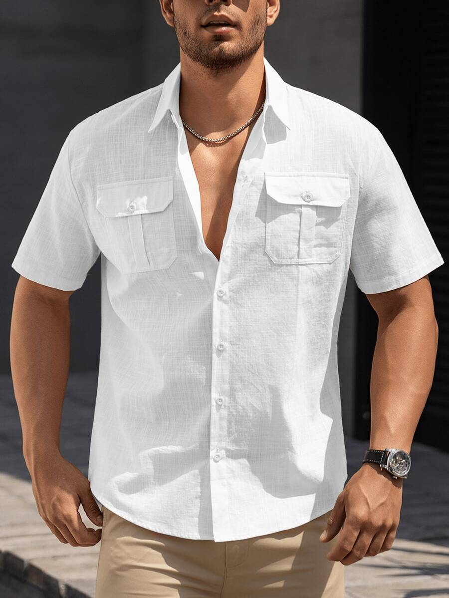 男士纯色休闲短袖衬衫 - 舒适透气，适合工作场合，时尚设计