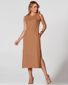 Sleeveless Casual Basic Cotton Knit Midi Dress - Rust Brown - View 1