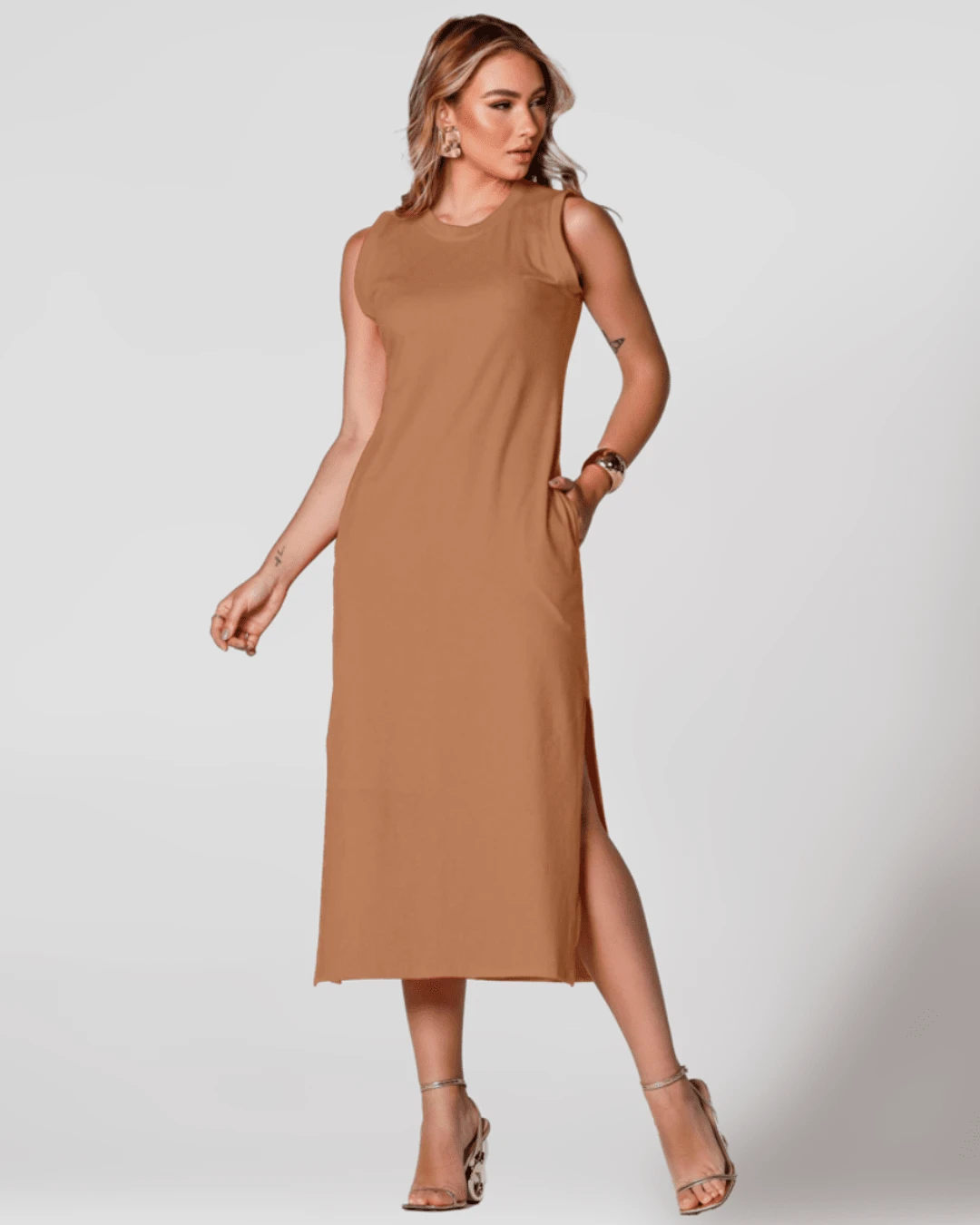Sleeveless Casual Basic Cotton Knit Midi Dress - Rust Brown - View 1