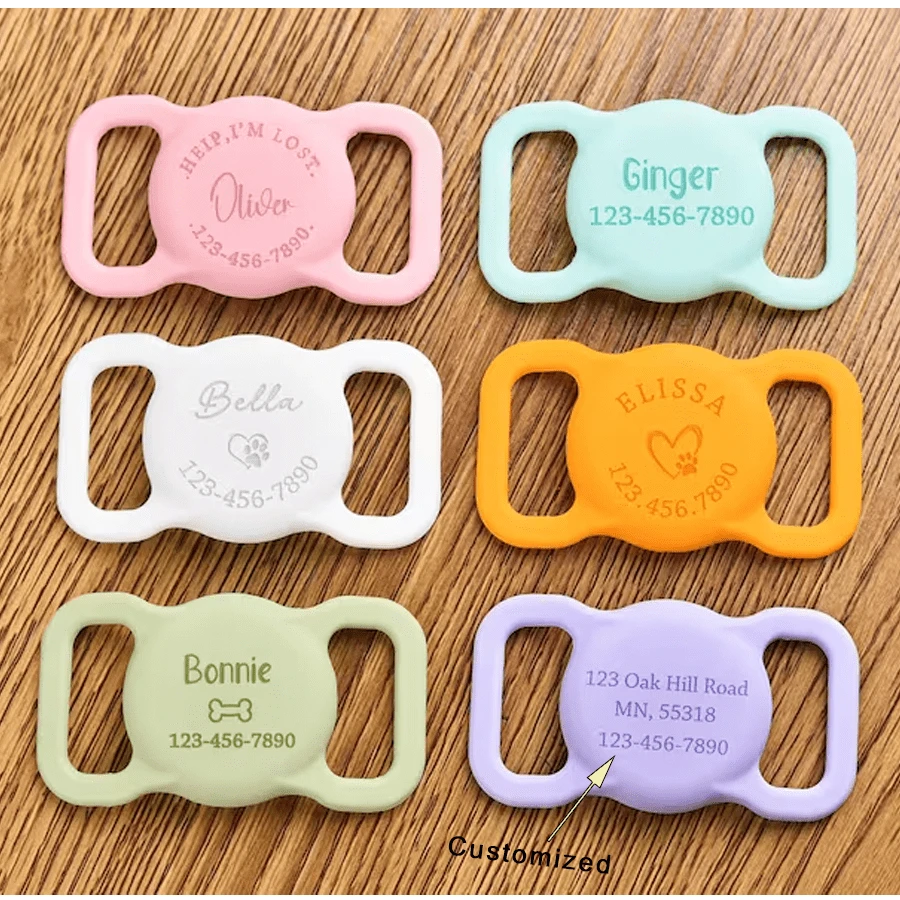 硅胶静音 AirTag 保护套、狗狗 AirTag 项圈支架、滑动式狗狗姓名标签、定制 AirTag 猫项圈、宠物项圈雕刻 AirTag 保护套 - 彩色 - 查看 1