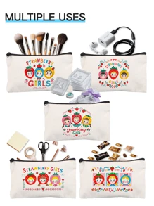 1pc Strawberry Cute Girl Canvas Storage Bag Cosmetic Bag Snack Bag Charging Cable Storage Bag Coin Purse Handbag, Daily Necessities Storage Bag, Travel Storage Bag, School Supplies Storage Bag, Sundries Storage, Car Storage, Sanitary Napkin Storage Bagtravel Essentials For Vacation Summer Holiday Back To School School Stuff Bag For School Travel Bag For Women Makeup Bag For Travel