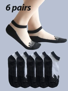 6 Pares de Meias Transparentes de Seda de Vidro para Mulheres, Meias de Cor Sólida Respiráveis de Cano Baixo, Transparentes, Adequadas para Primavera, Verão, Casual e Uso Diário