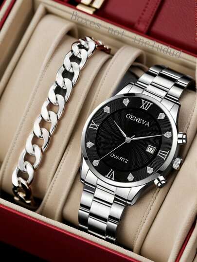 Conjunto de 2 peças de pulseira de prata masculina, elegante, casual, simples, com strass, balança, com função de calendário, mostrador, relógio de quartzo, pulseira, joias para uso diário ou presente de Natal