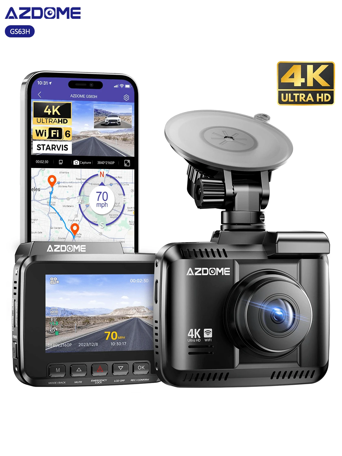 AZDOME WiFi 4K Dash Cam, UHD 2160P 2.4" IPS Screen Driving Recorder, 170° Wide Angle Dashboard Camera Built-In GPS WDR Night Vision 24H Parking Mode, Loop Recording Easy To Install
