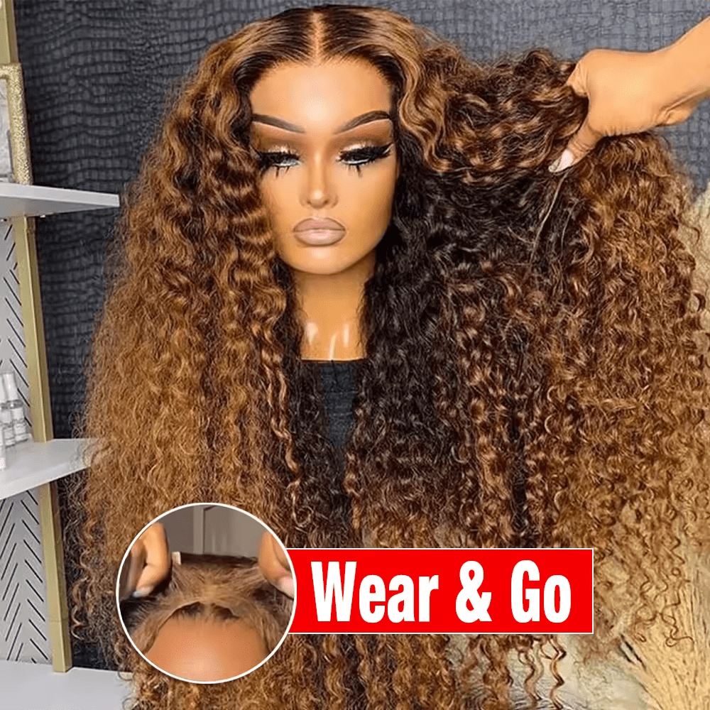 HJ WEAVE BEAUTY Perruque en dentelle bouclée profonde brune à reflets sans colle 7x5, cheveux humains P4/27, pré-épilée, avec fermeture en dentelle HD et cheveux de bébé, à porter et à emporter, sans colle, pour femmes, adaptée aux débutantes, véritables cheveux brésiliens Remy, densité de 180 %, boucles d'aspect naturel