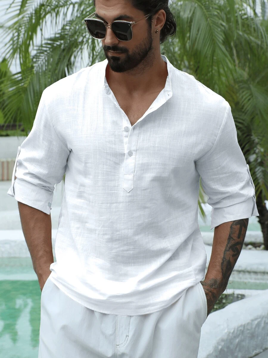 男士白色休闲衬衫，轻薄透气，适合夏季穿着，也适合海岛度假和日常通勤。