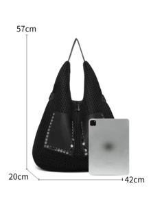 复古网眼托特包，大容量朋克铆钉斜挎包，大尺寸女士手提包