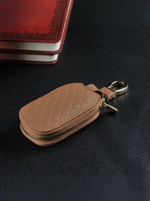 1pc Universal Key Fob Cover Car Key Case Protector, PU Leather Car Keychain Holder Metal Hook Key Ring Zipper Bag For Remote Key Fob, Stylish Key Accessory, Car Key Case Car Accessories Bag Charm School
