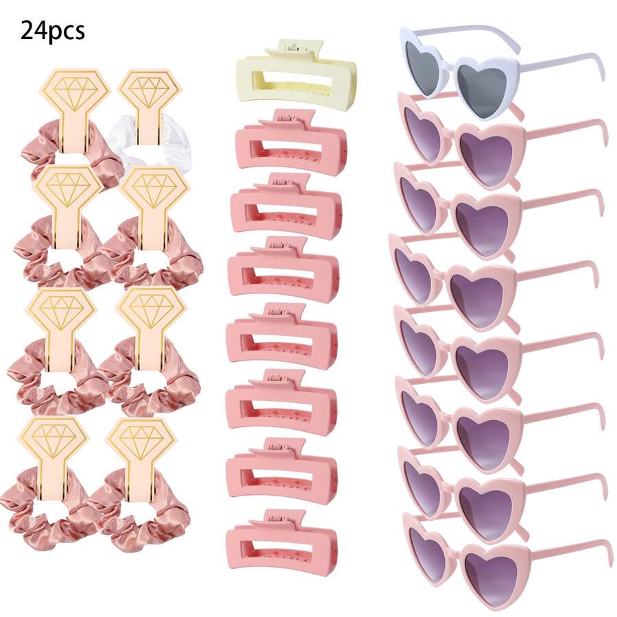 6件套缎面伴娘发带 + 6副心形眼镜，新娘礼物，伴娘礼物，婚礼派对回礼，圣诞节，新年派对拍照道具 - 粉色 - 查看 1