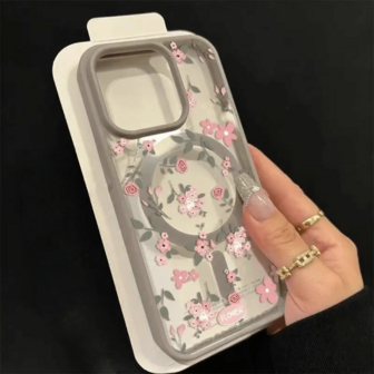1pc Transparent Gray Magnetic Protective Case Compatible With IPhone 16/17 Pro Max, Soft Edge Hard Back Cover For IPhone 15 Pro/13, Floral Pattern Convenient Phone Case Compatible With IPhone 11/12/14, Compatible With Samsung Galaxy S25/24
