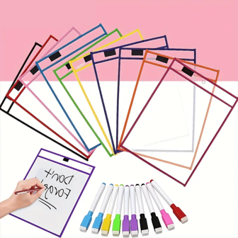 3 pièces Lot de pochettes effaçables réutilisables, grandes lingettes d'écriture avec feuille de protection en plastique transparent pour fournitures scolaires de classe pour enseignants, (style aléatoire, sans stylo inclus)