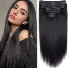 Real Human Hair Clip In Hair Extensions 8Pcs Human Hair Clip In Extensions Straight Remy Human Hair Extensions Clip Ins For Women Double Weft 16-24Inch - Natural Black - 查看 2