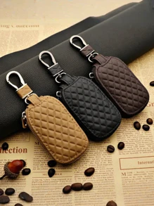 1pc Universal Key Fob Cover Car Key Case Protector, PU Leather Car Keychain Holder Metal Hook Key Ring Zipper Bag For Remote Key Fob, Stylish Key Accessory, Car Key Case Car Accessories Bag Charm School