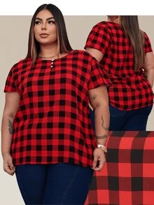 Women's Plus Size Viscose Blouse With Plaid Sleeves And 3 Buttons, June Party - 紅與黑 - 查看 1