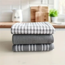 3pc Set Soft Absorbent Kitchen Towels - Large Durable Waffle Weave Dishcloth, Solid Green With Plaid & Striped Pattern, Easy To Clean And Dry - Great For Cooking, Baking, And Tea Time - Multicolor - View 11