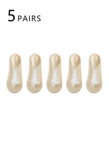 5 pares de calcetines bajos de encaje para mujer. Son calcetines invisibles y transpirables, adecuados para las temporadas de primavera y verano. Con silicona antideslizante, no se deslizarán de los talones. Muy adecuados para el uso diario, combinando con bailarinas y tacones altos.