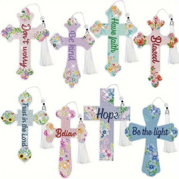8pcs/Set Cross Diamond Art Bookmarks DIY Diamond Painting Bookmarks With Tassel Bible Verse Inspirational Christian Bookmarks For Beginners, Adults, Book Lovers, Holiday, Birthday, Friend Gifts