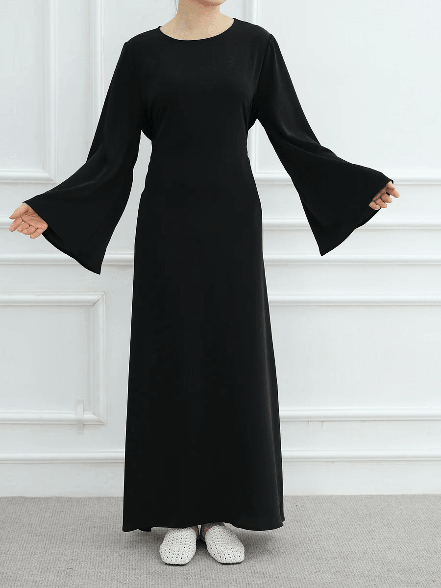 Solid Color Wide Sleeve Fold Pleated Dress