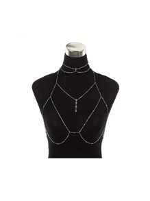 طقم قلادة متعددة الطبقات وسلسلة صدر وسلسلة خصر للرجال، سلسلة جسم من سبيكة مزينة بالراين للاستخدام اليومي والمناسبات