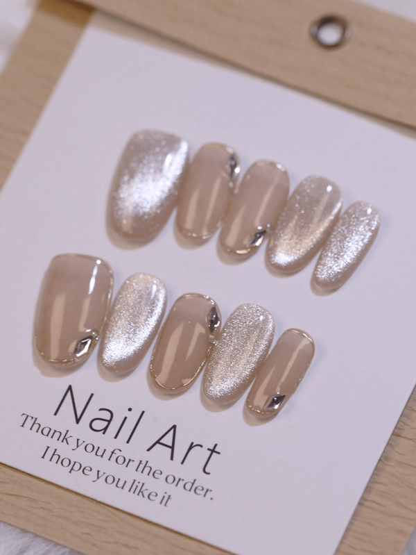 100% Handmade Manual Nails Glitter Nude Spar Cat'S Eye Nail Tips Press On Nails Oval Short Nail Fake Nails Reusable Nail Art Design For Home Daily Use And Party Manicure Products Nail Supplies Nails