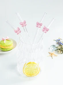 2/4 件可爱卡通粉色蝴蝶结玻璃吸管，弯曲可重复使用玻璃吸管，适用于冰沙、牛奶、茶、果汁、冷饮、甜品店、苏打水、小吃店、办公室、餐厅。