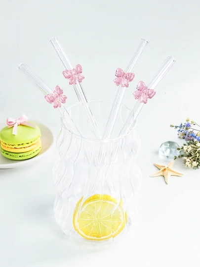 2/4Pcs Cute Cartoon Pink Bowknot Glass Straw,Bent Reusable Glass Straw,For Smoothie,Milk,Tea,Juice,Cold Drink,Dessert Shop,Sparkling Water,Snack Bar,Office,Restaurant.