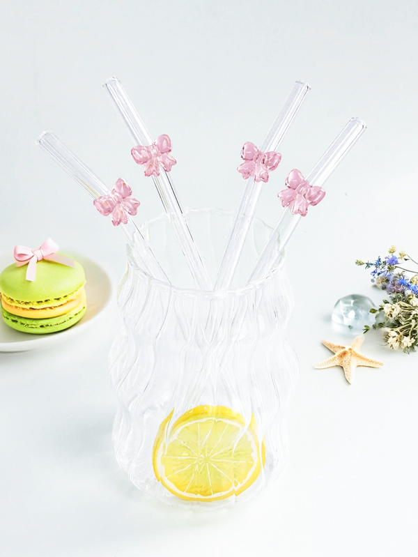2/4 Stück süße rosa Cartoon-Schleife Glas Strohhalme, gebogene wiederverwendbare Glas Strohhalme, für Smoothies, Milch, Tee, Saft, kalte Getränke, Dessert-Shops, Sprudelwasser, Snack-Bars, Büros, Restaurants.