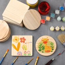 VingeGa 5/10pcs Round/Square 4 Inch Blank Unfinished Wooden Coasters With Non-Slip Foam Pad Stickers, Suitable For DIY Painting, Wood Carving, Home Decoration