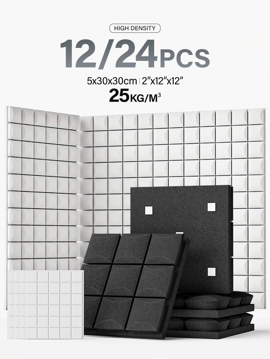 MODX 12/24pcs Studio Grade Soundproof Foam Panels, 12"X12"X2", [25kg/M³] Mushroom Acoustic Tiles, With Double-Sided Adhesive, For Noise Reduction In Music Room, Office, Walls And Ceilings (Black/White/Grey) - Easy To Peel And Stick - Multicolor - View 1