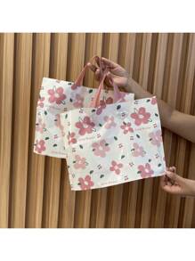 5Pcs High-End Gift Bags, Pink Plastic Tote Bags With Floral Design, Versatile Shopping And Party Favor Bags For Weddings, Birthdays, And More - Durable Plastic Craft Bags For Small Businesses And Events, Perfect For Christmas Gifts, Christmas Decorations And Halloween Decorations