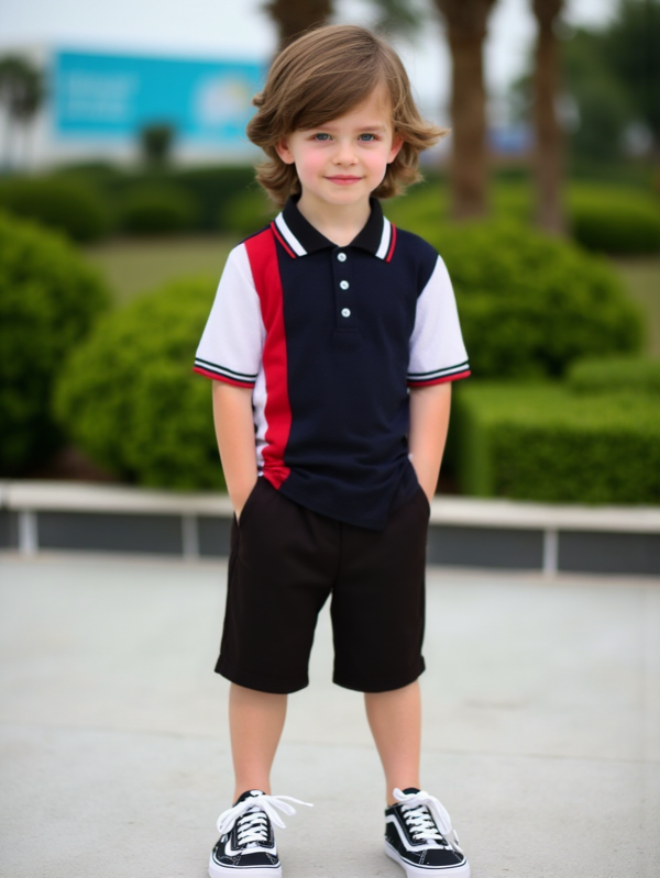 Set de 2 piezas con camisa polo de manga corta con ribete de color contrastante y pantalones cortos de unicolor para niños pequeños, apto para la escuela, actuaciones y actividades grupales diarias