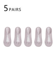 5 pares de calcetines bajos de encaje para mujer. Son calcetines invisibles y transpirables, adecuados para las temporadas de primavera y verano. Con silicona antideslizante, no se deslizarán de los talones. Muy adecuados para el uso diario, combinando con bailarinas y tacones altos.
