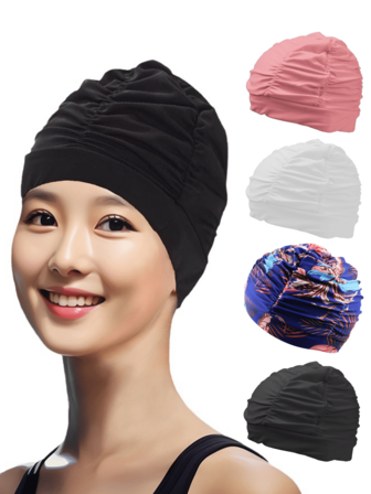 1ชิ้น หมวกว่ายน้ำผ้ารับปีก เหมาะสำหรับผู้หญิงที่มีผมยาวและสั้น ขนาดใหญ่ขึ้น หมวกว่ายน้ำแฟชั่นอเนกประสงค์ป้องกันหู อุปกรณ์สระผม อุปกรณ์สระว่ายน้ำ อุปกรณ์ชายหาด อุปกรณ์เสริมชายหาด แพว่ายน้ำ