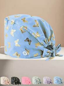 1 pieza Gorro de enfermera/Gorro quirúrgico con patrón de mariposa de laminado de algodón, antibacteriano y antipolvo, adecuado para enfermeras, esteticistas, personal de limpieza y otros profesionales médicos/de limpieza