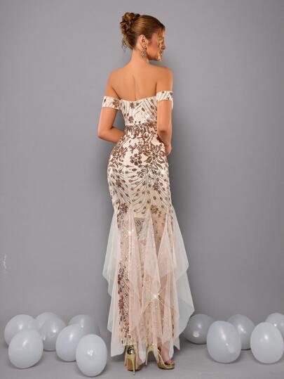 Women's Elegant Sequin Mesh Off Shoulder Prom Dress, Women's Summer Unique Ethereal Formal Evening Maxi Dress, Women's Bridesmaid Dress, Party Dress