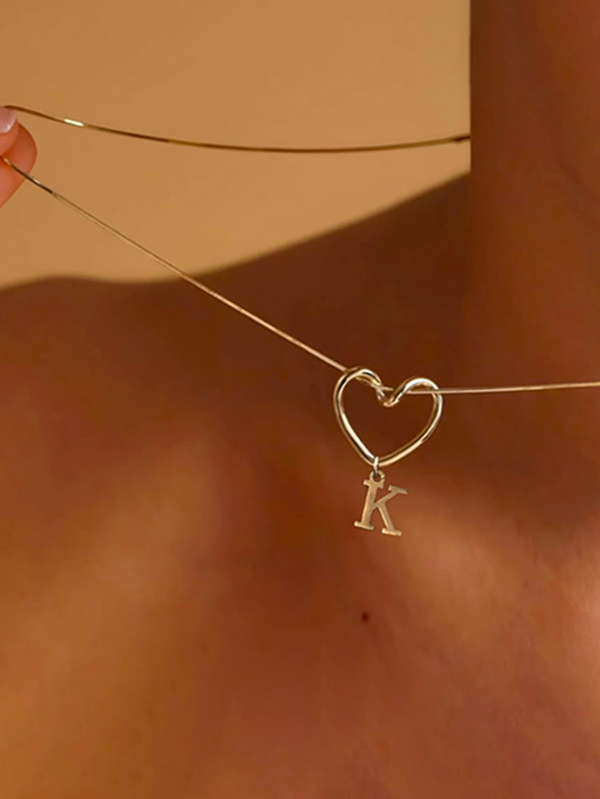 1pc Gold Color Heart Initial Necklace For Women, Stainless Steel Herringbone Chain, Personalized Letter Pendant Jewelry