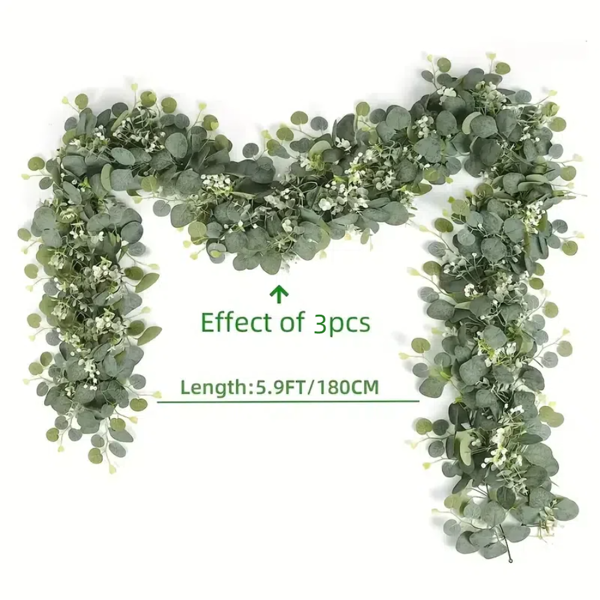 3pcs Simulation Eucalyptus Wreath, Artificial Eucalyptus And Willow Vines With White Flowers, Fake Green Plant Rattan For Wedding Decor, Home Decor, Garden Decor, Rome Decor, Wall Decor And Birthday Decorations - Versatile Hanging Plant For Tabletop, Wall And Party