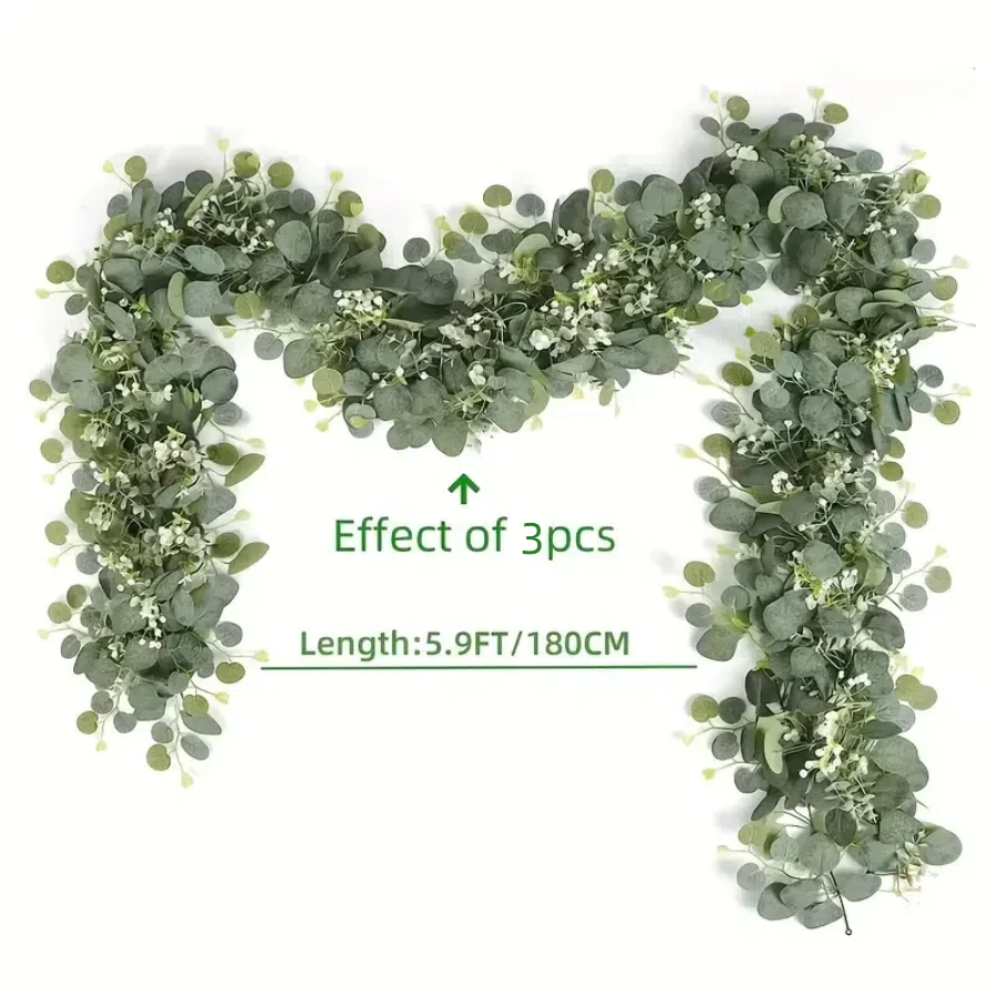 3pcs Simulation Eucalyptus Wreath, Artificial Eucalyptus And Willow Vines With White Flowers, Fake Green Plant Rattan For Wedding Decor, Home Decor, Garden Decor, Rome Decor, Wall Decor And Birthday Decorations - Versatile Hanging Plant For Tabletop, Wall And Party