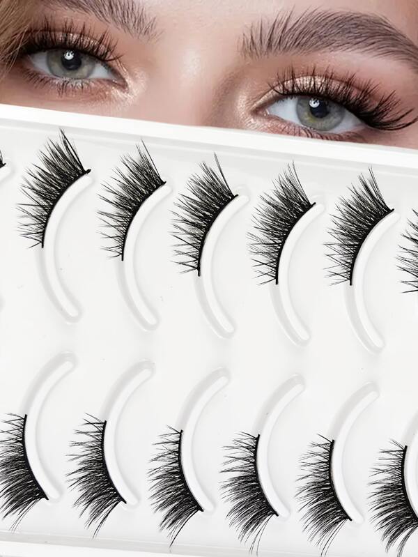 10 Pairs Thickening Half-Eye 3D Fluffy False Eyelashes, With Natural Curled And Multi-Layer Design, Made Of Soft Faux Mink Fiber, Lightweight And Comfortable, Suitable For Beginners. The Single Black Base Is Reusable, Applicable For Daily Or Party Occasions