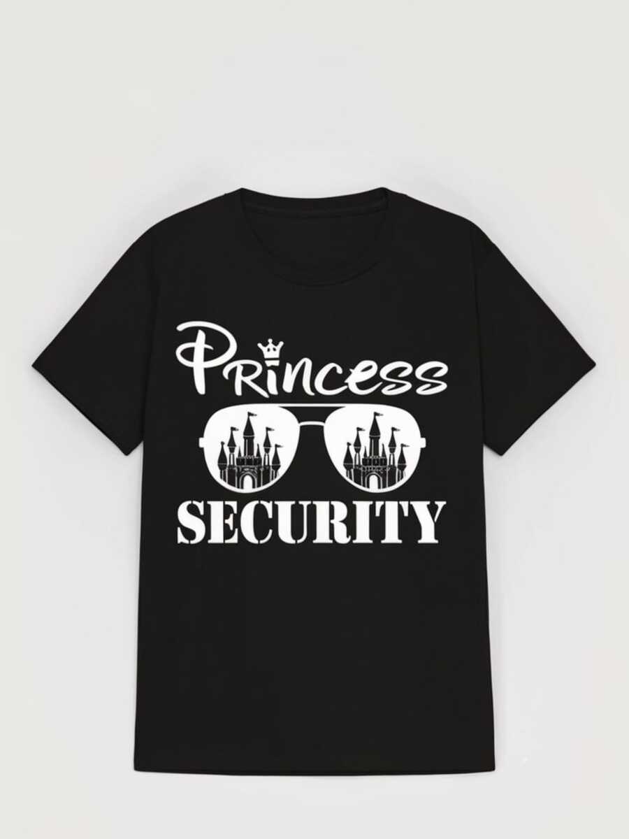 Men's Round Neck Short Sleeve 220g T Shirt 1pcs Princess Security Graphic Digital Print T Shirt Family Matching Tee For Disneyland Trip 100% Cotton Casual Tee Minimalist Summer - màu đen - Xem 1