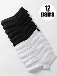 1/12 双黑白条纹透气吸湿排汗防臭女士中筒袜，百搭百搭 - 彩色 - 查看 2