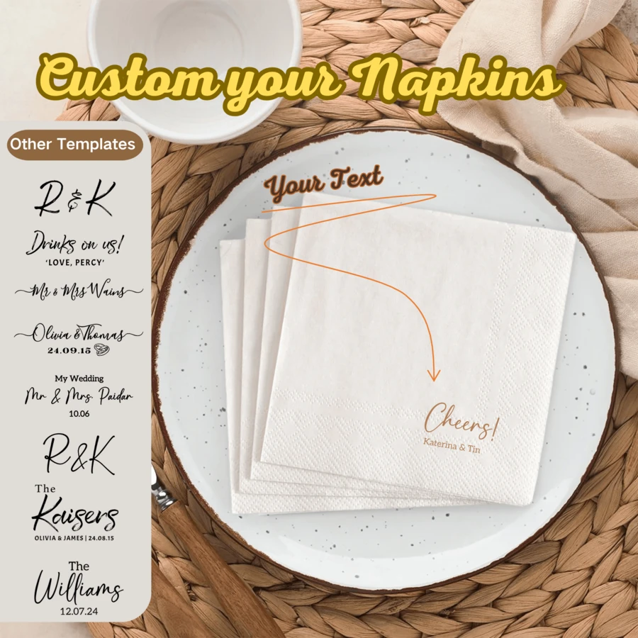 20-500pcs Custom Cocktail Napkins, 9 Designs Of Personalized Monogram Napkins For Birthday, Bachelorette, Bridal Shower, Baptism, Sip & See, Anniversary And Wedding, Suitable For Couple, Lovers, Romantic Decor, Disposable Beverage/Dessert Napkins For Wedding Table Decorations, Christmas Decor - Multicolor - View 1