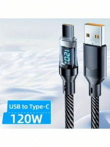 120W 超级快速充电 USB A 至 Type-C 数据线，带 LED 数字显示，磨砂表面，6A 大电流，兼容 POCO，生日、情人节、母亲节礼物