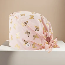 1 件女士涤纶箔蝴蝶印花工作帽/护士帽，抗菌防尘，可调节弹性后带，吸汗带衬里，口罩绳钩，适合医生、护士、美容师、兽医和清洁/家政服务