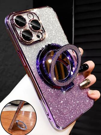 Luxury Electroplated Phone Case With Magnetic Ring Holder & Mirror, Rhinestone Glitter, Y2K Style, Fashionable Silicone Shock-Proof Soft Cover Compatible With Iphone 16/16E/15/14/13/12/11/X/XS/XR/8/7 Plus/Pro/Max/Mini, Galaxy S24/S25 Ultra, Compatible With Xiaomi Redmi, Honor, OPPO Reno, MOTO Infinix, Women 2025 Model, Waterproof, Shockproof, Scratch-Resistant