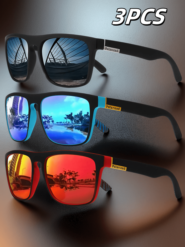1 pieza/Set de 3 gafas de sol con marco cuadrado clásico para hombres, aptas para conducir, actividades al aire libre, correr, senderismo y playa
