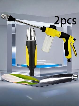 2件套长杆高压水枪+喷嘴套装，采用ABS材料制成，握感舒适，喷雾形状可调，适用于灌溉、洗车和庭院清洁、海滩必需品、海滩配件、泳池浮板