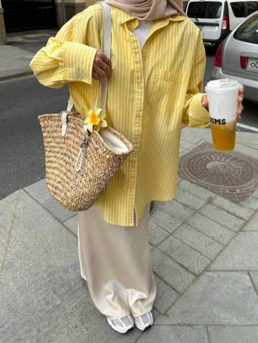 Women's Fashionable Fresh Lemon Yellow Striped Print Casual Shirt With Pockets, Simple Design For Walks, Commuting, Streetwear, - Yellow - View 1